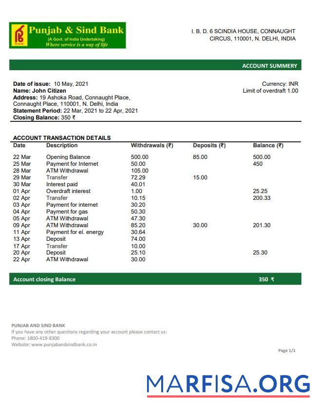 Downloadable India Punjab and Sind bank statement word download for verification